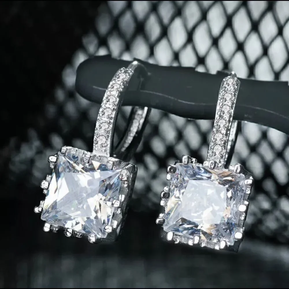 + White Gold Plated  Square Drop CZ Diamond Earrings - Picture 2 of 4